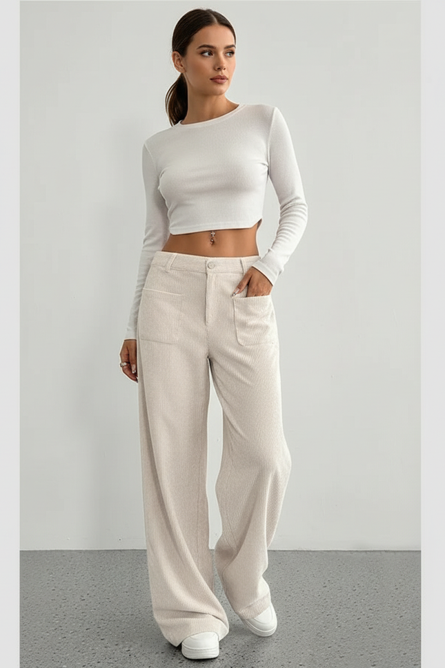Pantalon Blanc Côtelé Taille Haute Ample Décontracté - Beige Cordé