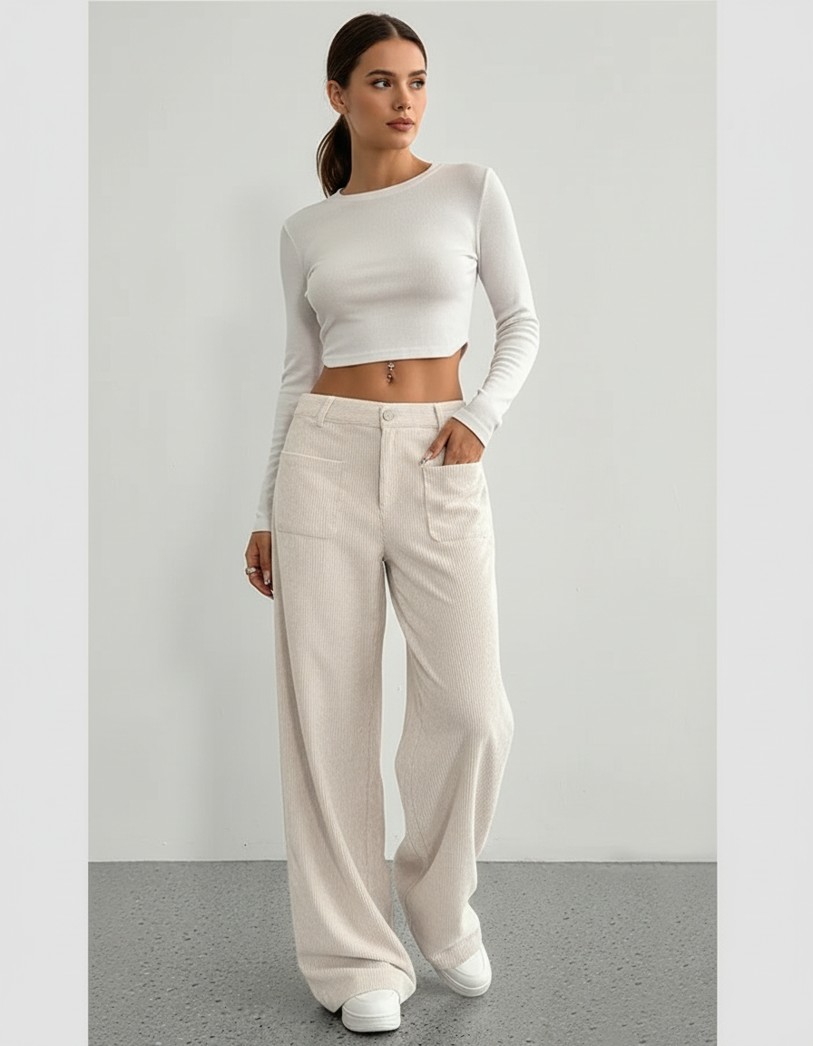Pantalon Blanc Côtelé Taille Haute Ample Décontracté - Beige Cordé