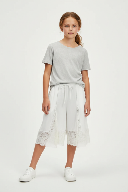 Pantalon Blanc Culotte Dentelle Ample Cordon Fille - Viscose