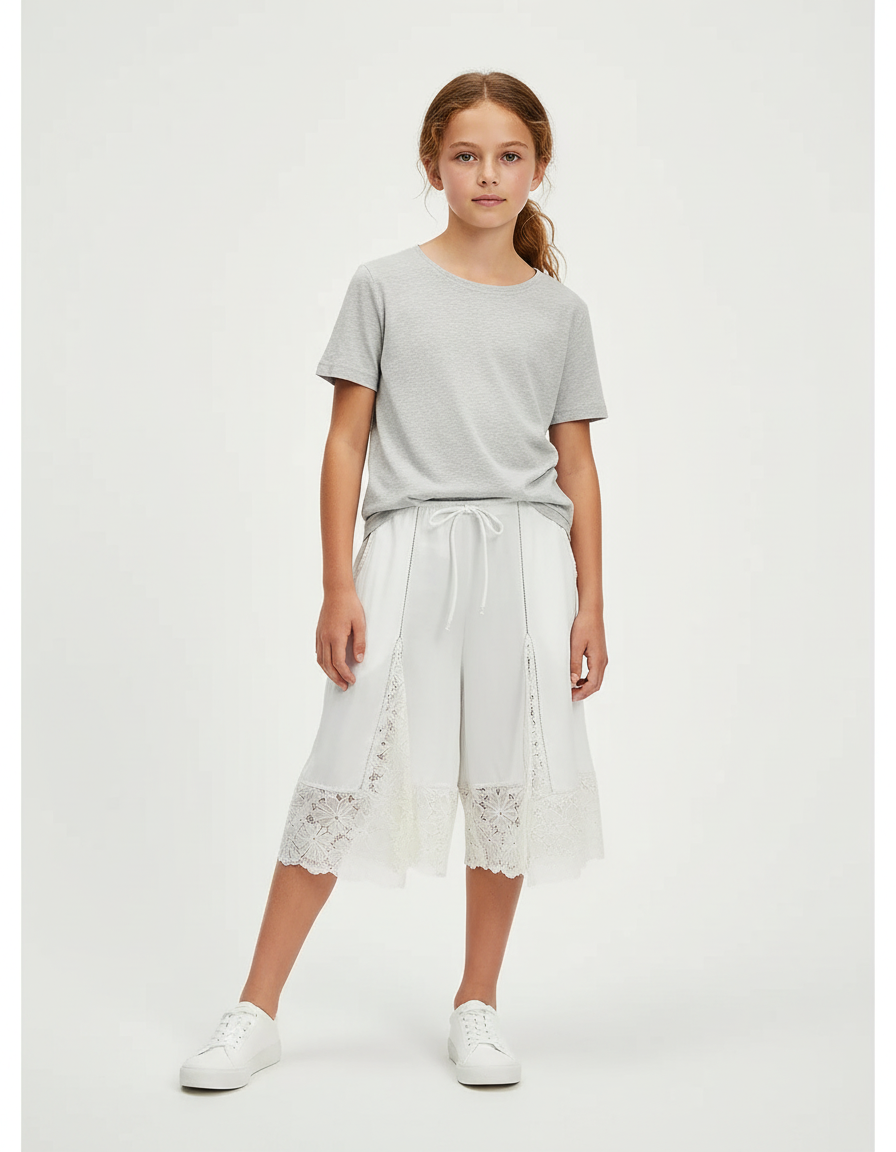 Pantalon Blanc Culotte Dentelle Ample Cordon Fille - Viscose