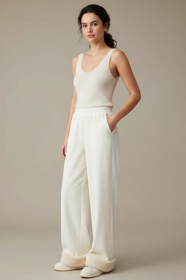 Pantalon Blanc Côtelé Ample Décontracté Doublé Polaire - Cordé