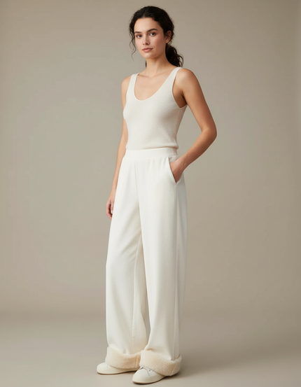 Pantalon Blanc Côtelé Ample Décontracté Doublé Polaire - Cordé