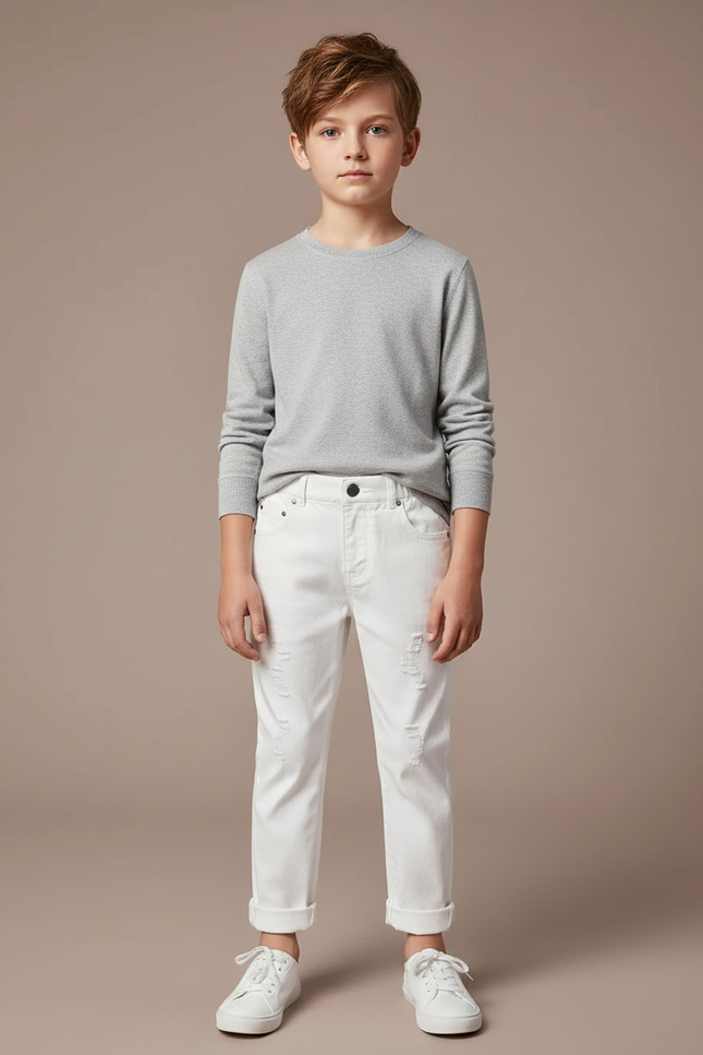 Pantalon Blanc Enfant Garçon Déchiré Décontracté Coton - Jean
