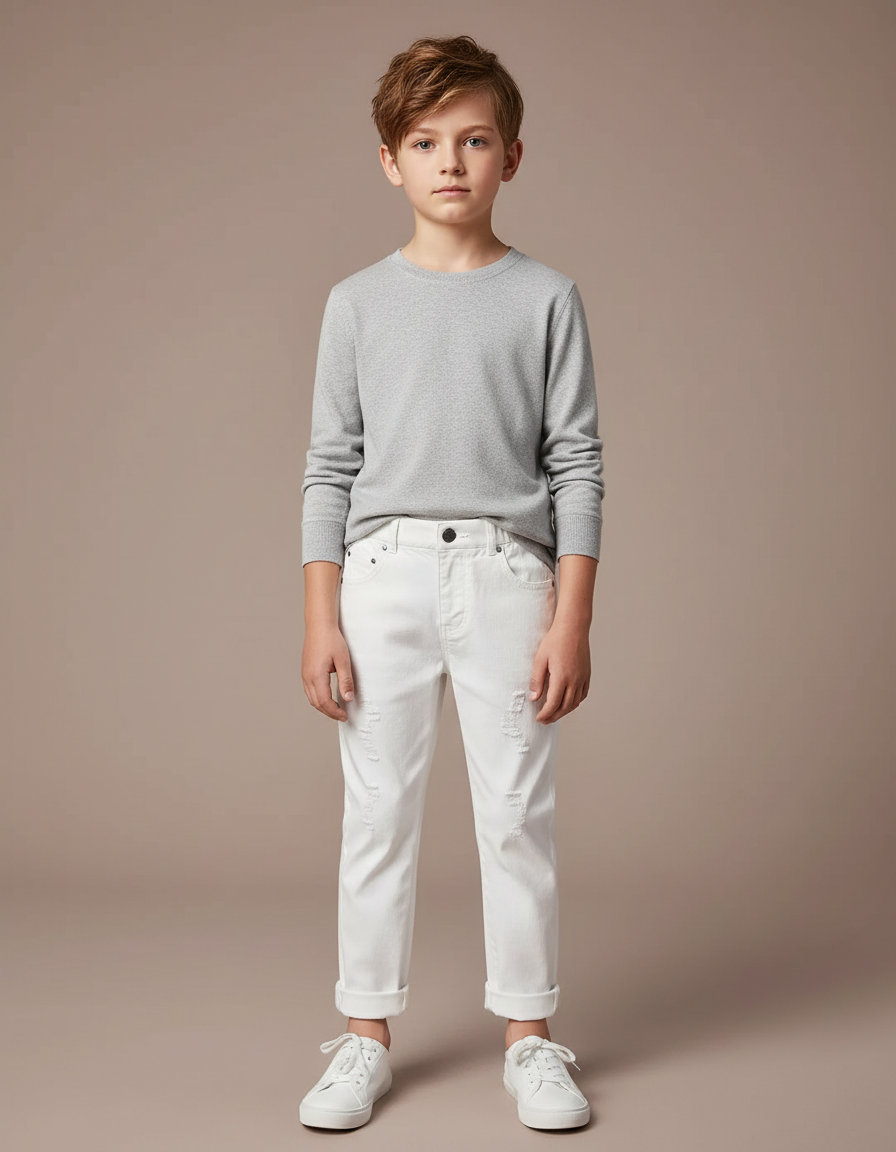 Pantalon Blanc Enfant Garçon Déchiré Décontracté Coton - Jean
