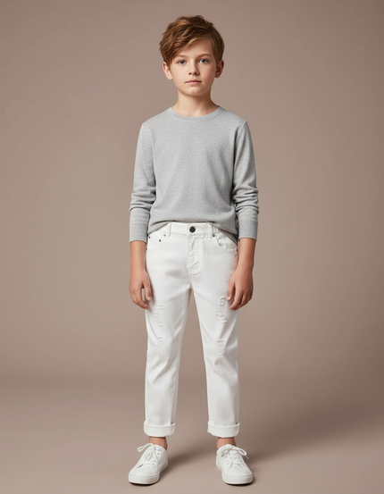 Pantalon Blanc Enfant Garçon Déchiré Décontracté Coton - Jean