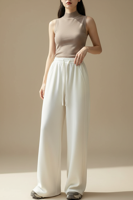 Pantalon Blanc Ample, Fluide, Côtelé, Décontracté - Maille