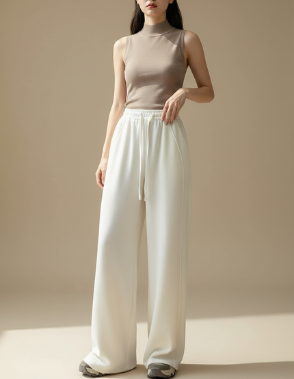 Pantalon Blanc Ample, Fluide, Côtelé, Décontracté - Maille