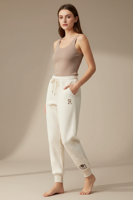 Pantalon Blanc Côtelé Décontracté Brodé Cheville Femme - Beige Cordé