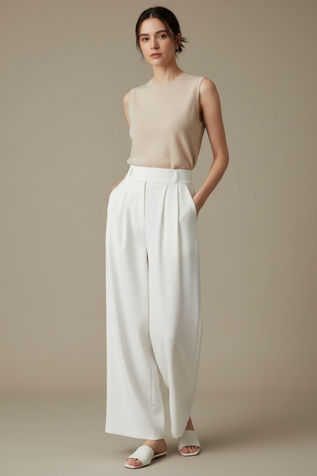 Pantalon Blanc Fluide Ample Taille Haute Élégant Décontracté - Polyester