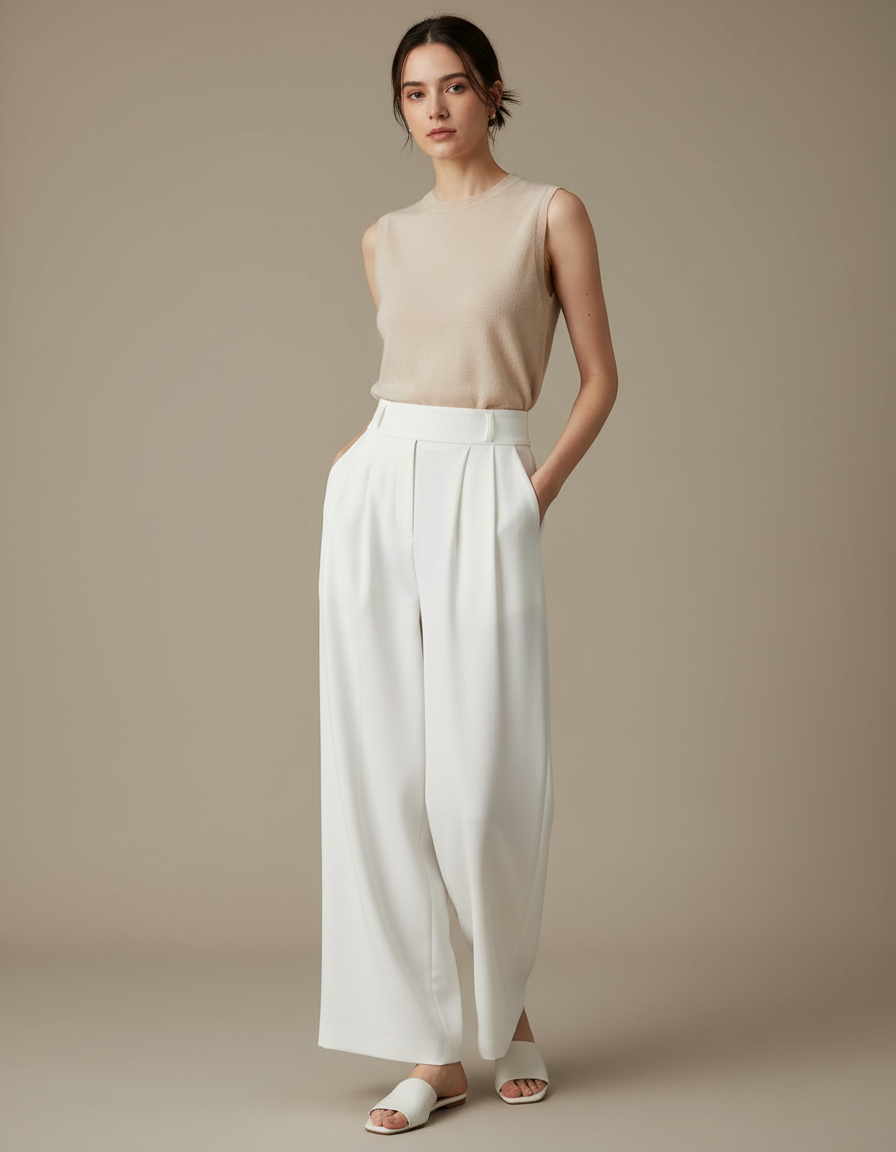 Pantalon Blanc Fluide Ample Taille Haute Élégant Décontracté - Polyester