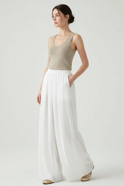Pantalon Blanc Fluide Chiffon Ample Taille Haute Décontracté - Polyester