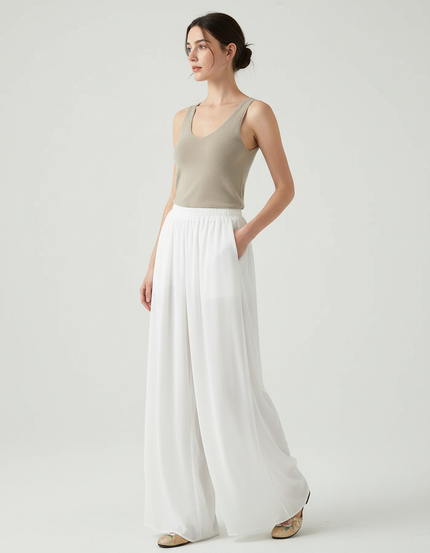 Pantalon Blanc Fluide Chiffon Ample Taille Haute Décontracté - Polyester