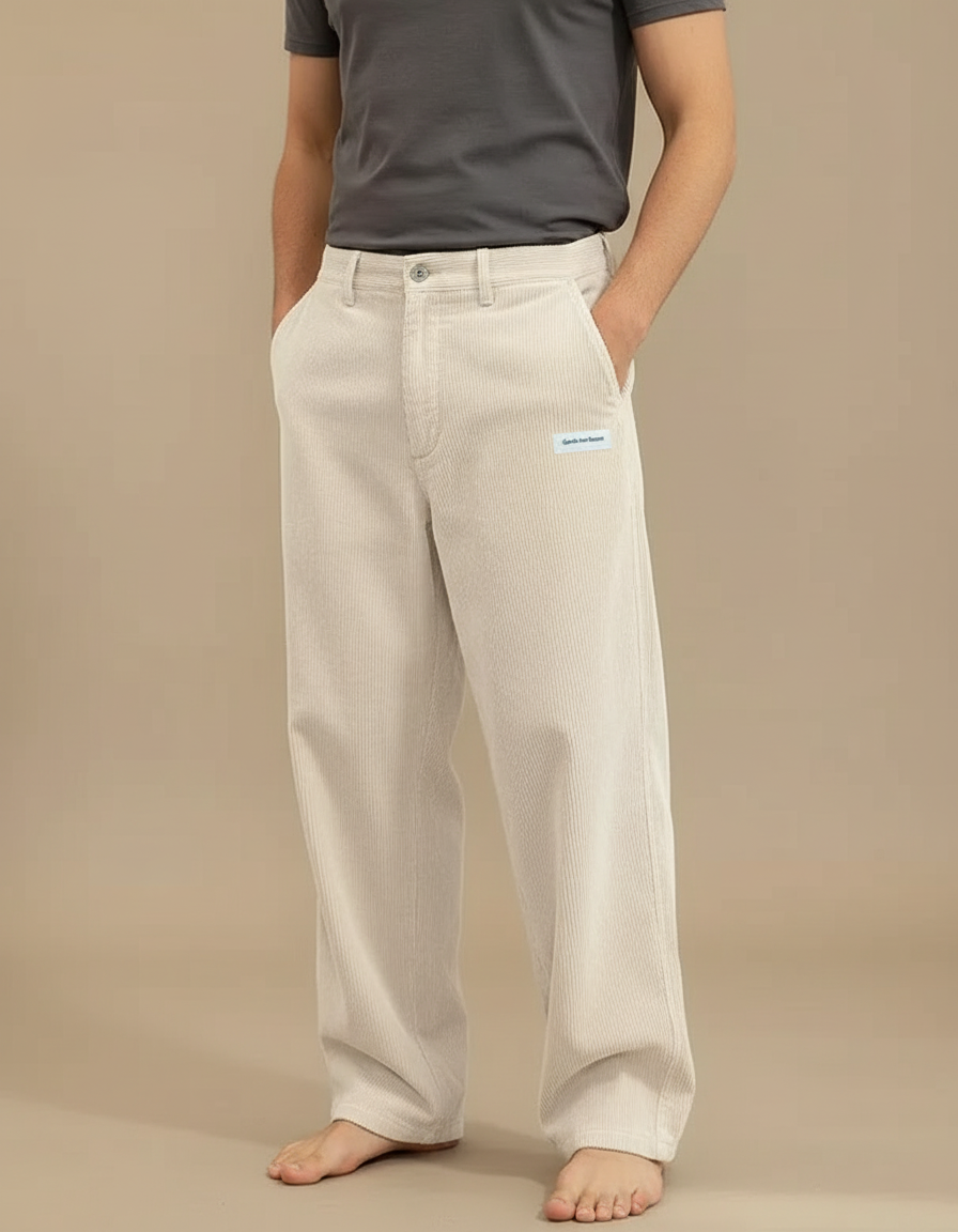 Pantalon Blanc Velours Côtelé Ample Décontracté Homme - Beige Cordé
