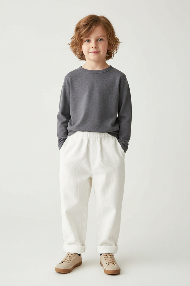 Pantalon Blanc Côtelé Ample Décontracté Enfant Automne - Cordé