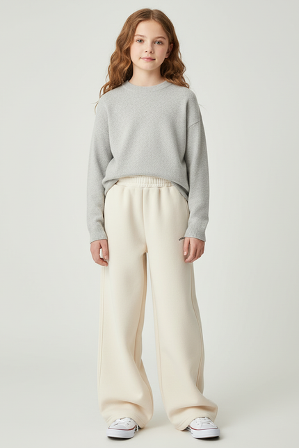 Pantalon Blanc Ample Molletonné Enfant Décontracté - Beige