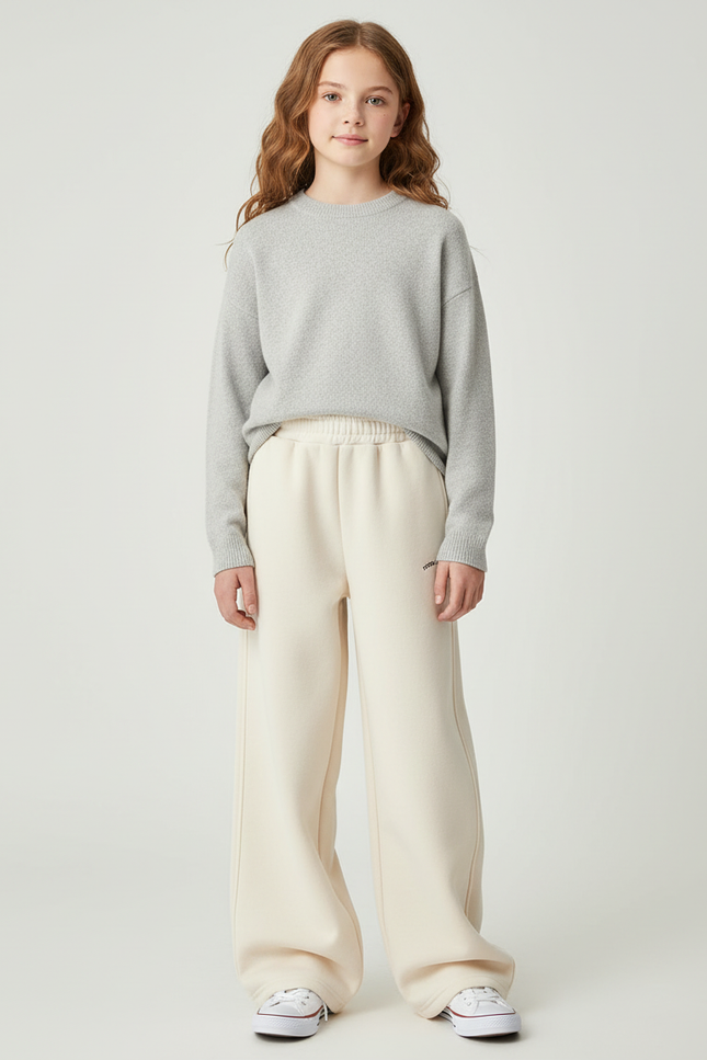 Pantalon Blanc Ample Molletonné Enfant Décontracté - Beige