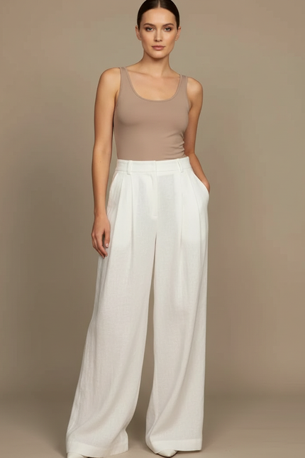 Pantalon Blanc Ample Lin Plissé Décontracté Élégant Femme