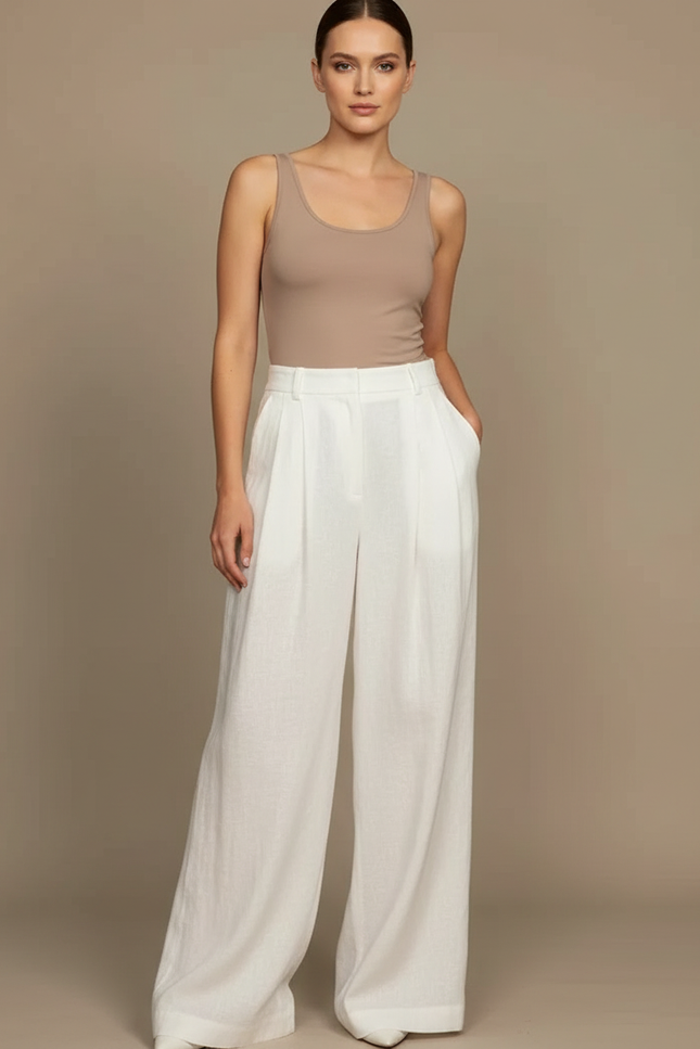 Pantalon Blanc Ample Lin Plissé Décontracté Élégant Femme