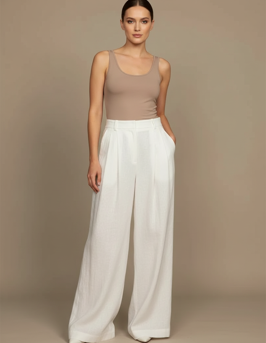 Pantalon Blanc Ample Lin Plissé Décontracté Élégant Femme