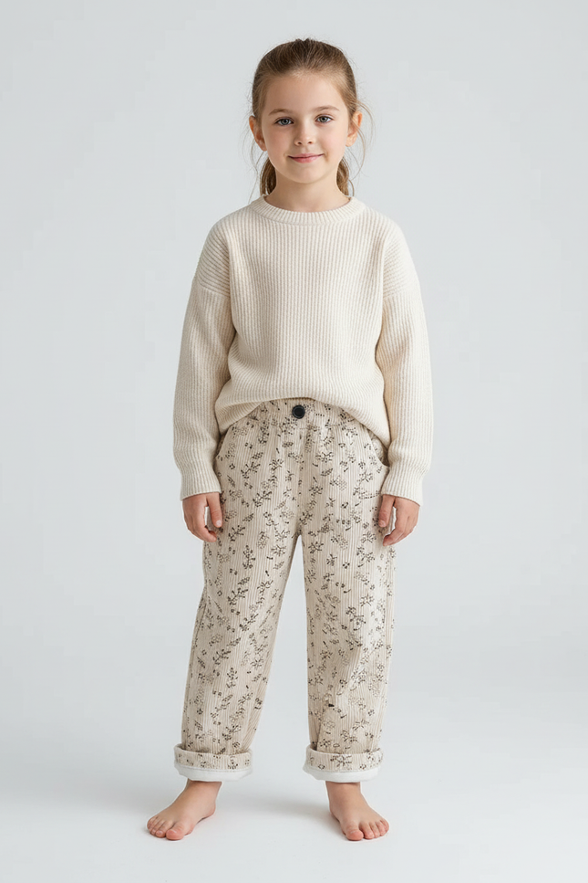 Pantalon Blanc Côtelé Imprimé Floral Doublé Polaire Enfant - Beige Cordé