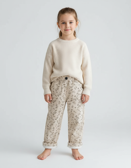 Pantalon Blanc Côtelé Imprimé Floral Doublé Polaire Enfant - Beige Cordé