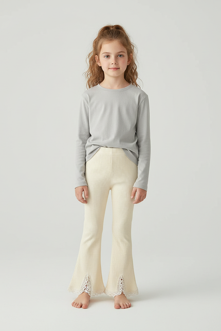 Pantalon Blanc Évasé Côtelé Dentelle Fille Confortable - Beige Maille