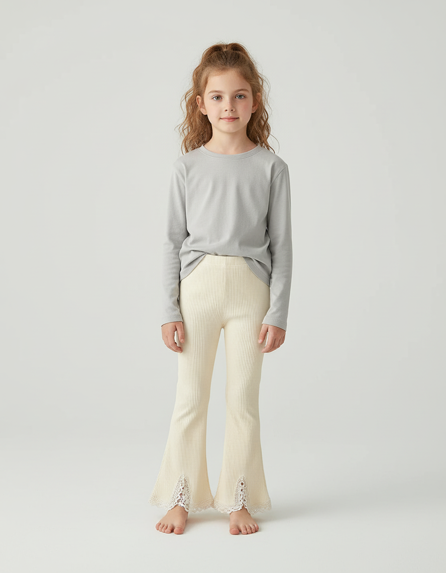 Pantalon Blanc Évasé Côtelé Dentelle Fille Confortable - Beige Maille