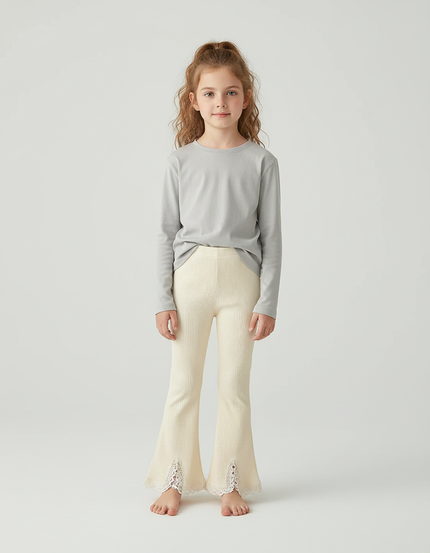 Pantalon Blanc Évasé Côtelé Dentelle Fille Confortable - Beige Maille