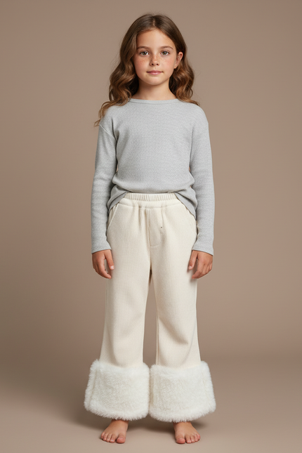 Pantalon Blanc Côtelé Évasé Fourrure Confortable Fille - Beige Cordé