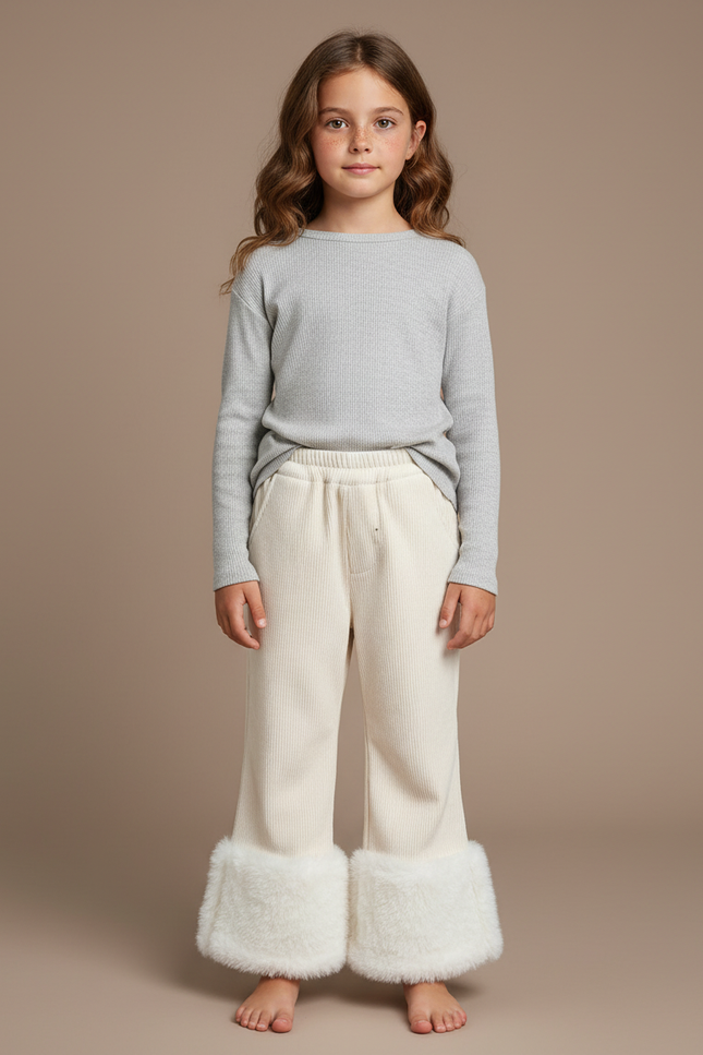 Pantalon Blanc Côtelé Évasé Fourrure Confortable Fille - Beige Cordé