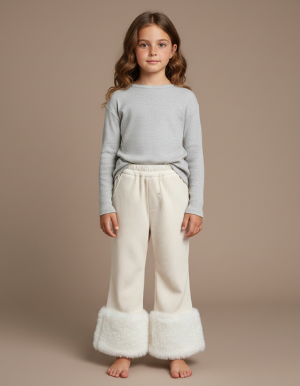 Pantalon Blanc Côtelé Évasé Fourrure Confortable Fille - Beige Cordé