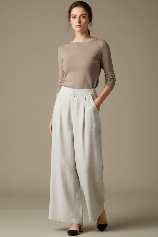 Pantalon Blanc Ample Lin Plissé Décontracté Femme - Beige