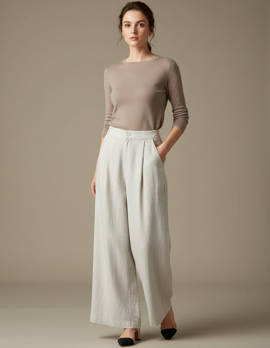 Pantalon Blanc Ample Lin Plissé Décontracté Femme - Beige