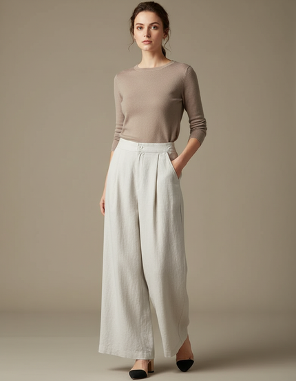 Pantalon Blanc Ample Lin Plissé Décontracté Femme - Beige