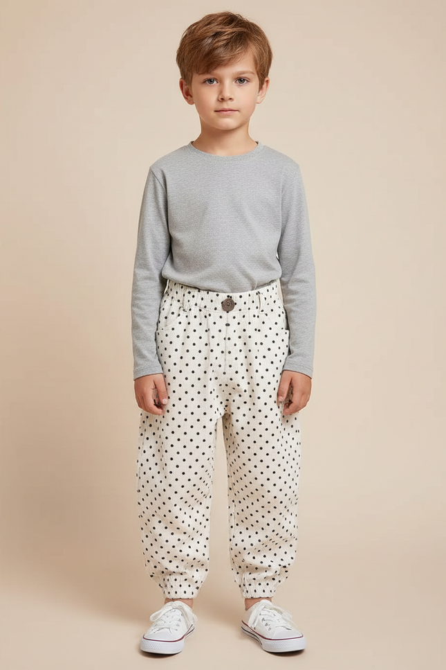 Pantalon Blanc À Pois Noir Ample Confortable Enfant - Cordé