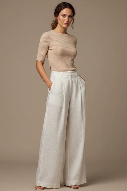 Pantalon Blanc Large Fluide Plissé Lin Élégant