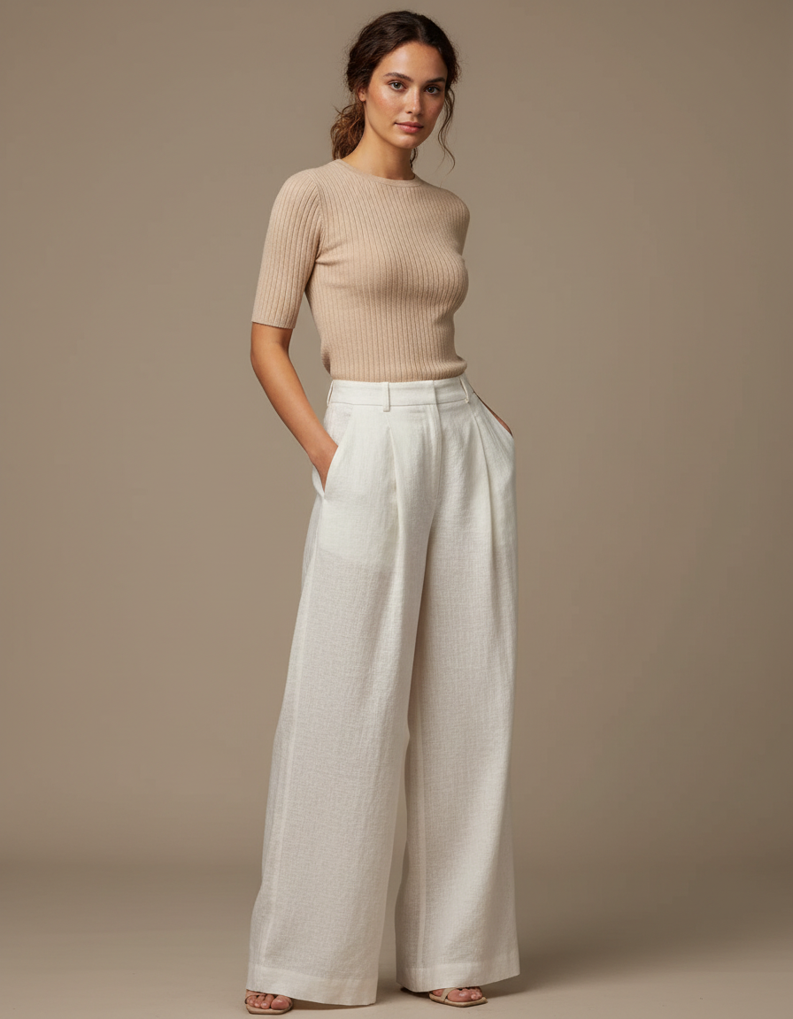 Pantalon Blanc Large Fluide Plissé Lin Élégant