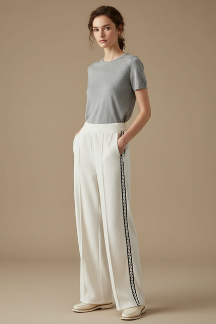 Pantalon Blanc Côtelé Large Élégant Rayé - Cordé