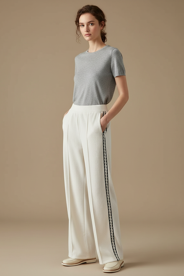 Pantalon Blanc Côtelé Large Élégant Rayé - Cordé