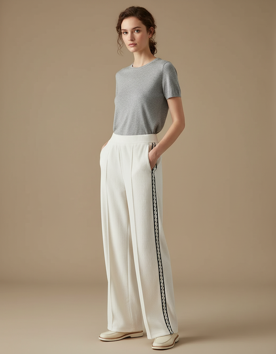 Pantalon Blanc Côtelé Large Élégant Rayé - Cordé
