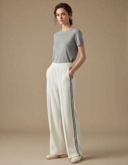 Pantalon Blanc Côtelé Large Élégant Rayé - Cordé