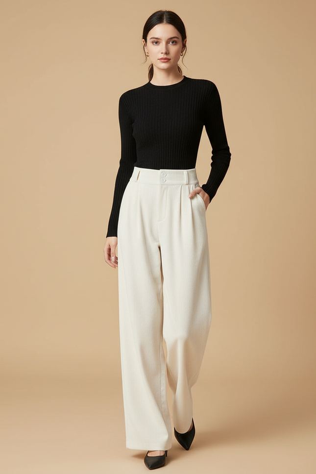 Pantalon Blanc Côtelé Taille Haute Ample Hiver - Beige Cordé