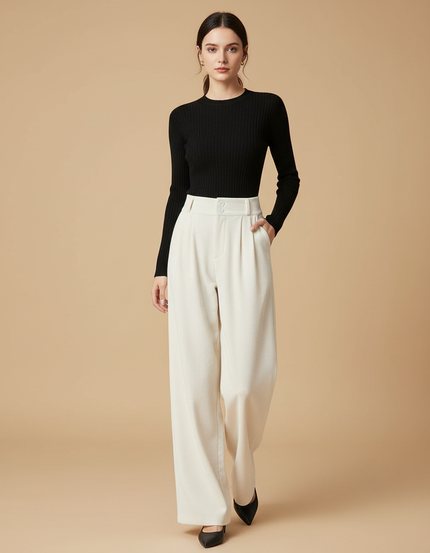 Pantalon Blanc Côtelé Taille Haute Ample Hiver - Beige Cordé