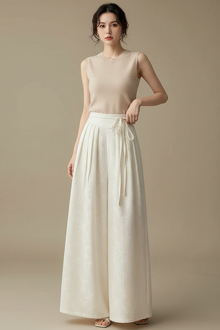 Pantalon Blanc Plissé Ample Motif Floral Élégant - Polyester