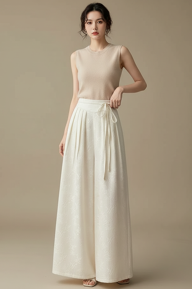 Pantalon Blanc Plissé Ample Motif Floral Élégant - Polyester