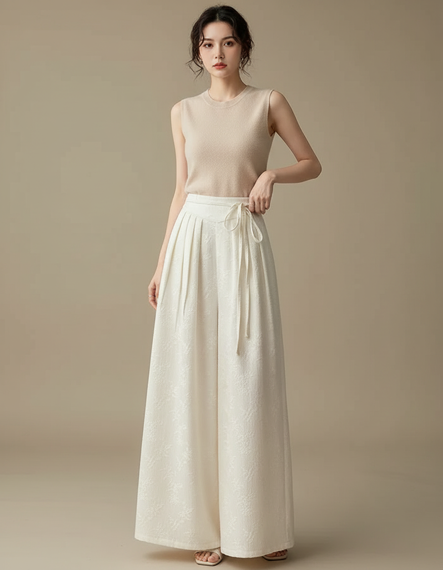 Pantalon Blanc Plissé Ample Motif Floral Élégant - Polyester