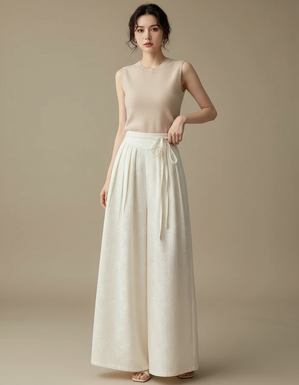 Pantalon Blanc Plissé Ample Motif Floral Élégant - Polyester