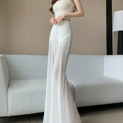 Pantalon Blanc Fluide Transparent Évasé Élégant - Polyester
