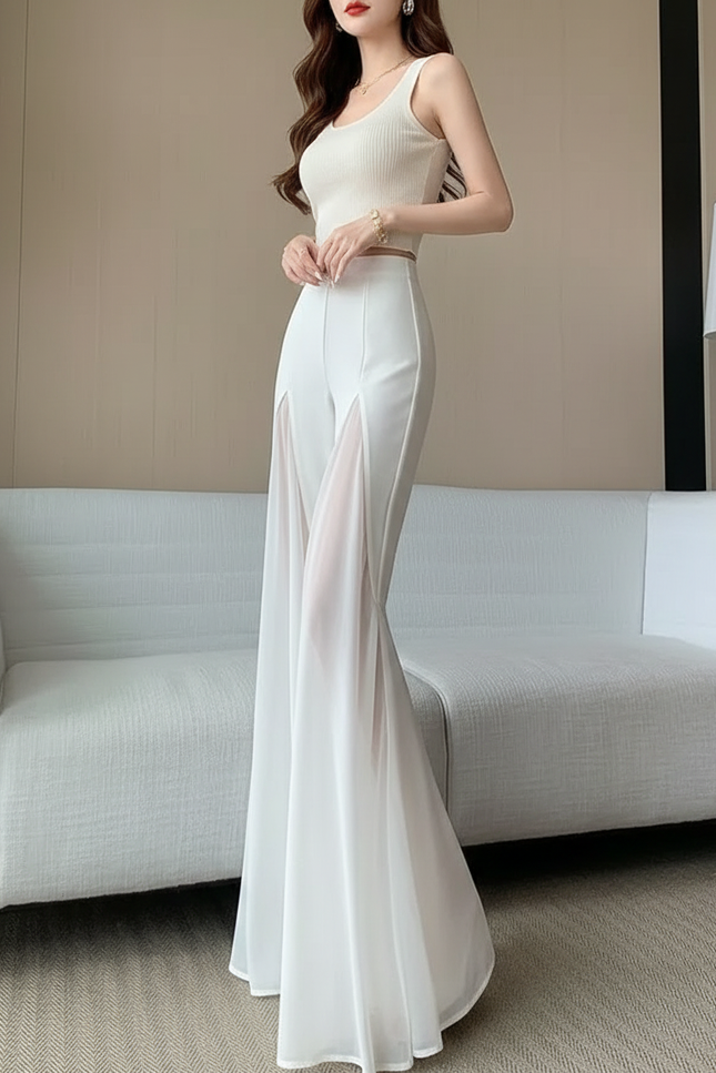 Pantalon Blanc Fluide Transparent Évasé Élégant - Polyester