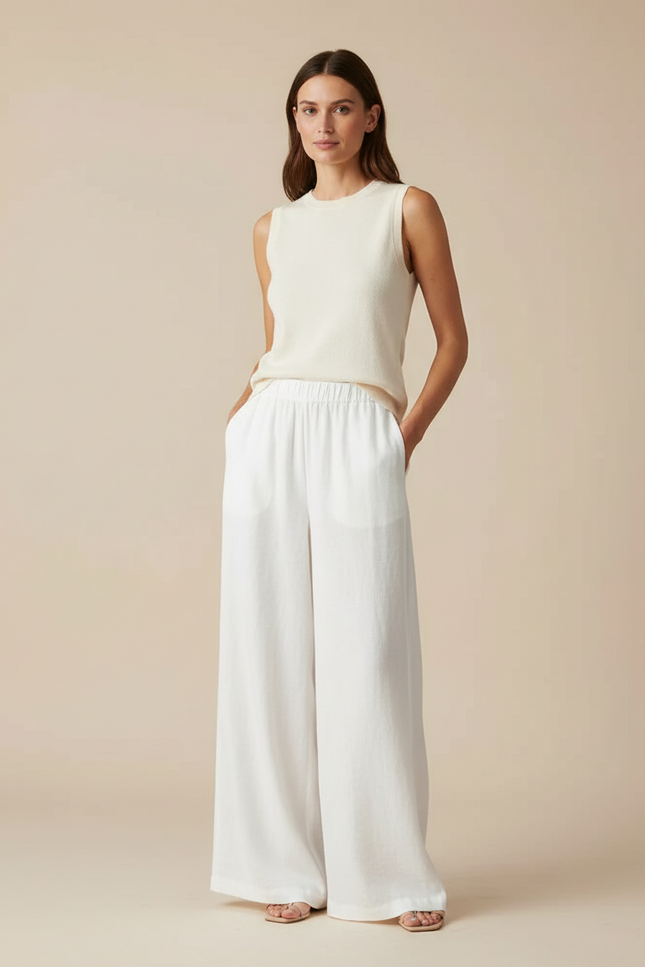 Pantalon Blanc Large Lin Fluide Casual Chic